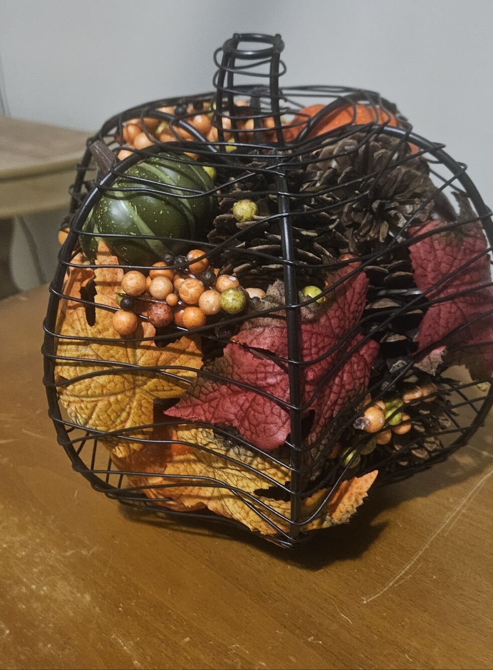 Autumn Decorative Wire Basket with Mini Pumpkins & Pinecones - Orange & Cream
